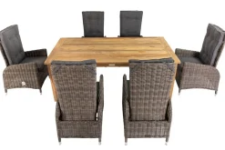 OUTFLEXX Garten-Essgruppe, Polyrattan/Teakholz, Tisch 200 x 100 cm, 6 Hochlehner- Diningsessel, inkl. Polster