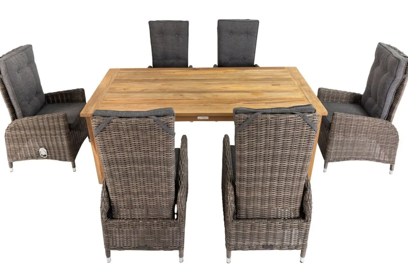 OUTFLEXX Garten-Essgruppe, Polyrattan/Teakholz, Tisch 200 x 100 cm, 6 Hochlehner- Diningsessel, inkl. Polster