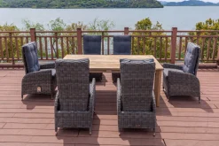 OUTFLEXX Garten-Essgruppe, Polyrattan/Teakholz, Tisch 200 x 100 cm, 6 Hochlehner- Diningsessel, inkl. Polster