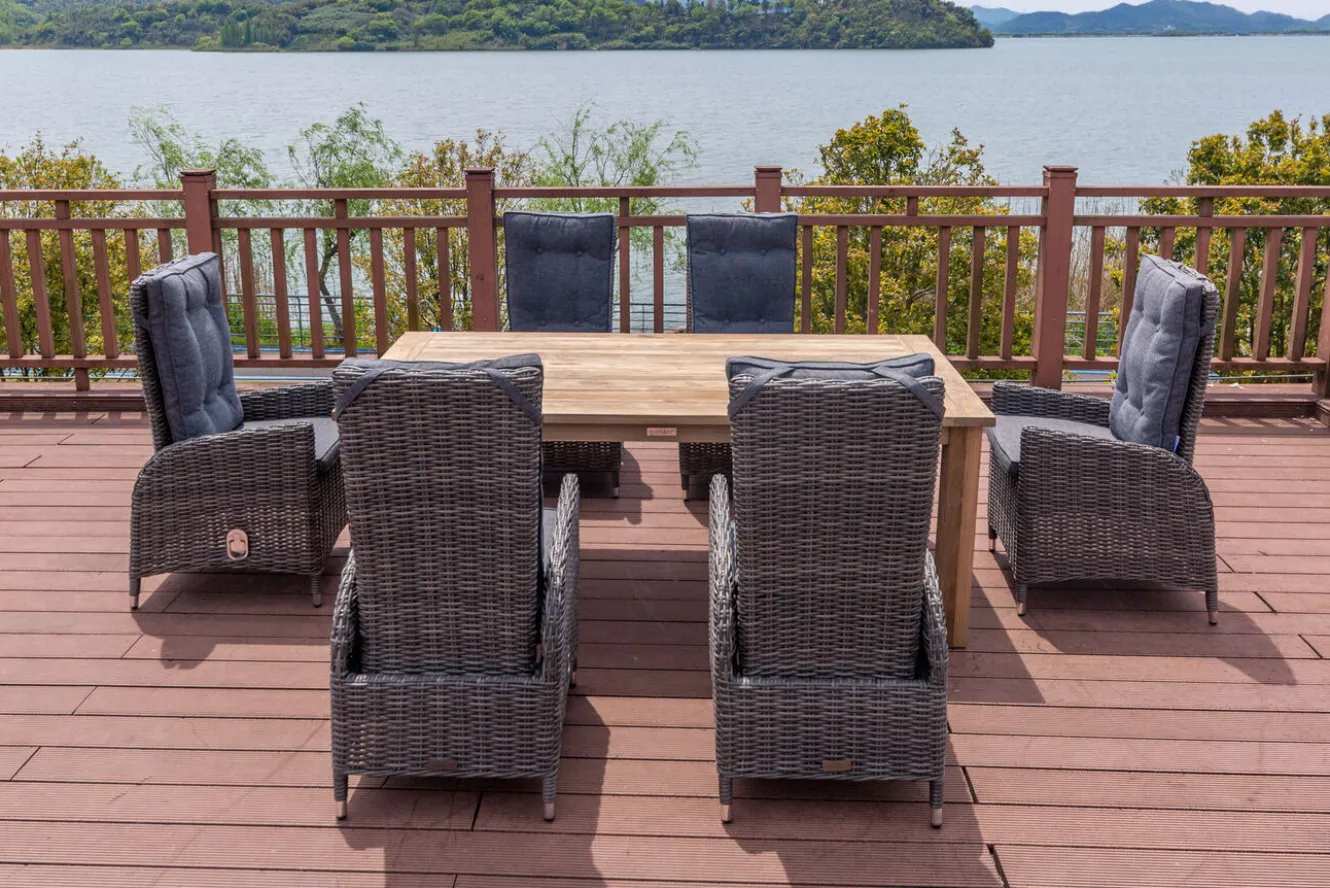 OUTFLEXX Garten-Essgruppe, Polyrattan/Teakholz, Tisch 200 x 100 cm, 6 Hochlehner- Diningsessel, inkl. Polster