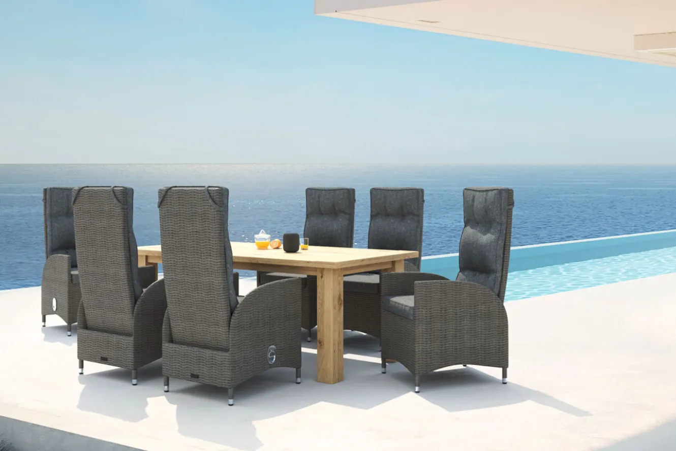 OUTFLEXX Garten-Essgruppe, Polyrattan/Teakholz, Tisch 200 x 100 cm, 6 Hochlehner- Diningsessel, inkl. Polster