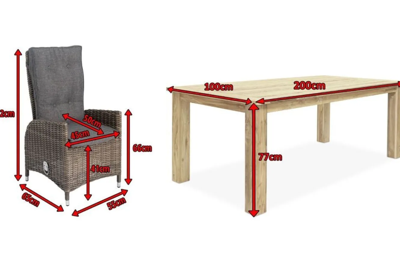 OUTFLEXX Garten-Essgruppe, Polyrattan/Teakholz, Tisch 200 x 100 cm, 6 Hochlehner- Diningsessel, inkl. Polster