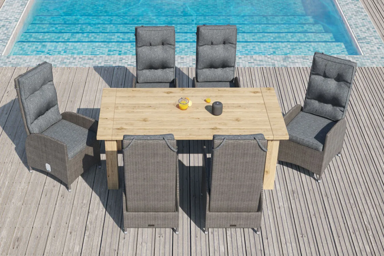 OUTFLEXX Garten-Essgruppe, Polyrattan/Teakholz, Tisch 200 x 100 cm, 6 Hochlehner- Diningsessel, inkl. Polster
