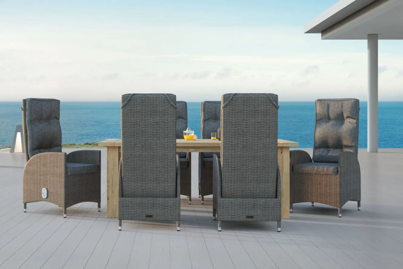 OUTFLEXX Garten-Essgruppe, Polyrattan/Teakholz, Tisch 200 x 100 cm, 6 Hochlehner- Diningsessel, inkl. Polster