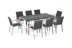 OUTFLEXX Garten-Essgruppe, schwarz/graphite, Edelstahl/Glaskeramik, Tisch 200x100cm, 8 Stapelstühle, witterungsbeständig