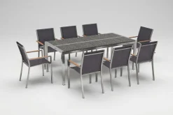 OUTFLEXX Garten-Essgruppe, schwarz/graphite, Edelstahl/Glaskeramik, Tisch 200x100cm, 8 Stapelstühle, witterungsbeständig