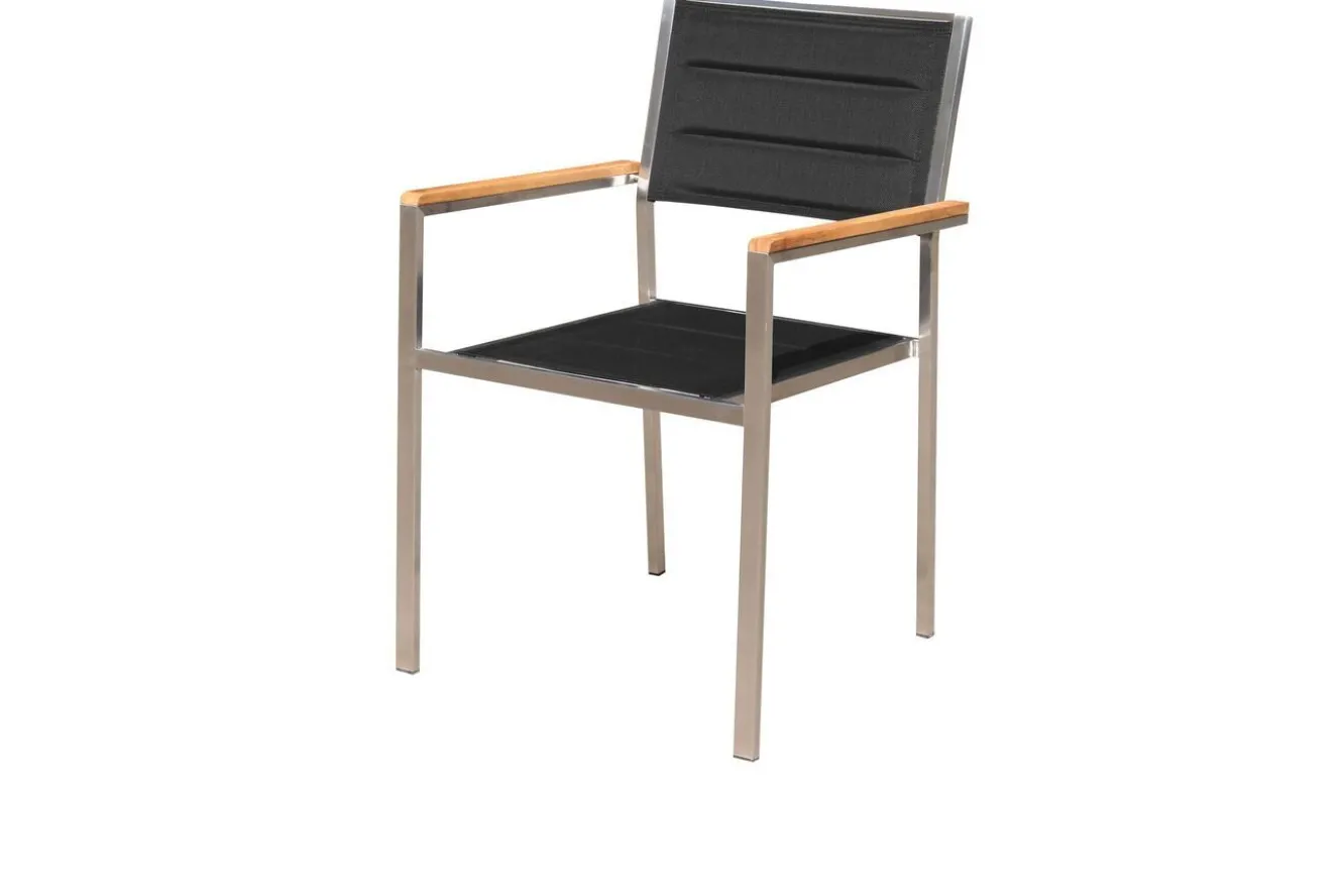 OUTFLEXX Garten-Essgruppe, schwarz, Edelstahl/Teak, Esstisch 180 x 90 cm, 6 Stapelstühle gepolstert