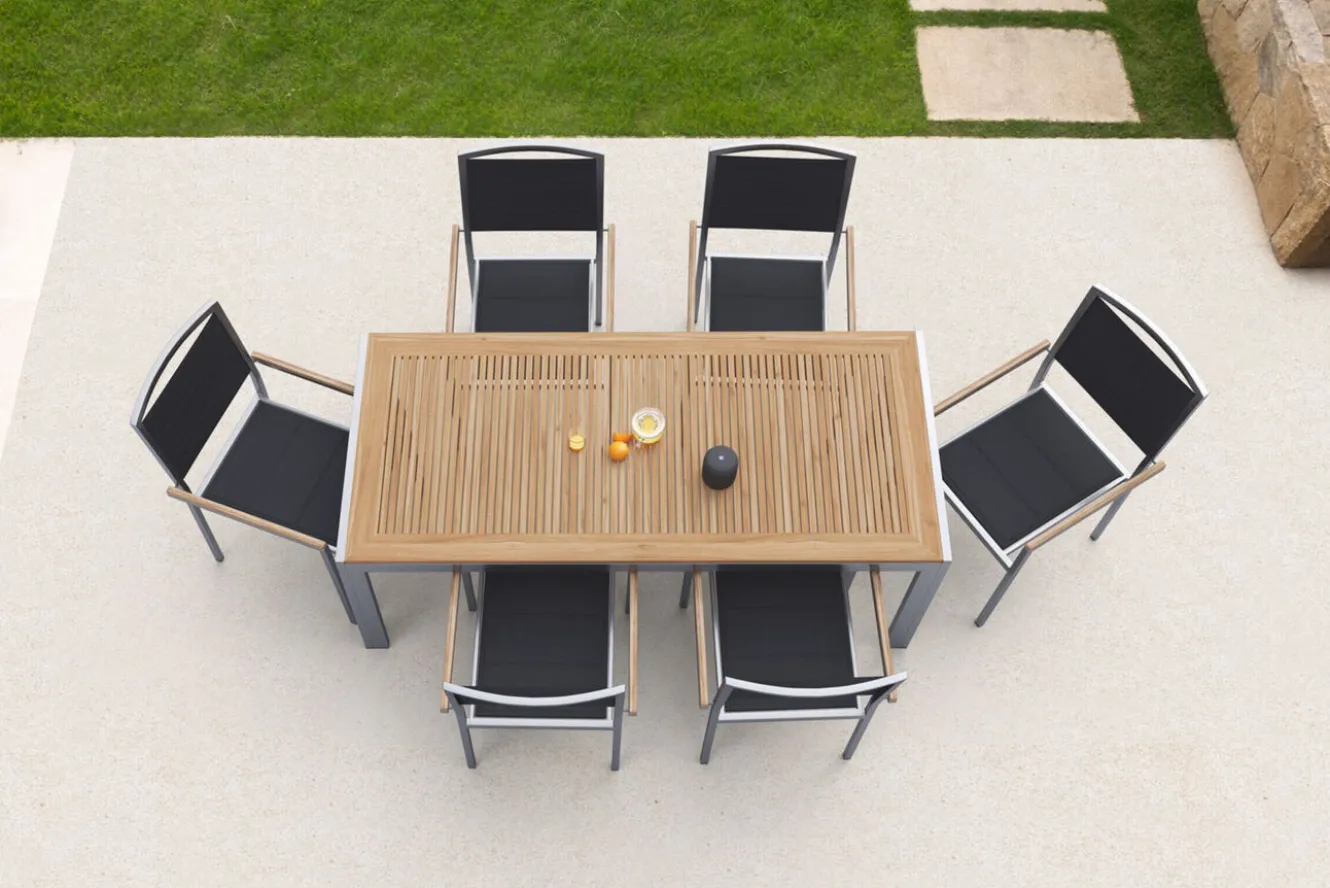 OUTFLEXX Garten-Essgruppe, schwarz, Edelstahl/Teak, Esstisch 180 x 90 cm, 6 Stapelstühle gepolstert