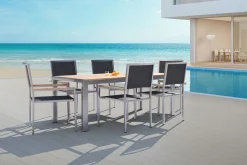 OUTFLEXX Garten-Essgruppe, schwarz, Edelstahl/Teak, Esstisch 180 x 90 cm, 6 Stapelstühle gepolstert