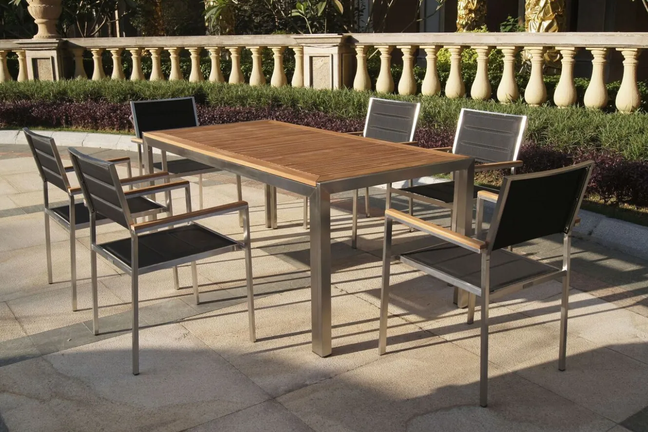 OUTFLEXX Garten-Essgruppe, schwarz, Edelstahl/Teak, Esstisch 180 x 90 cm, 6 Stapelstühle gepolstert