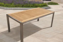 OUTFLEXX Garten-Essgruppe, schwarz, Edelstahl/Teak, Esstisch 180 x 90 cm, 6 Stapelstühle gepolstert