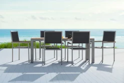 OUTFLEXX Garten-Essgruppe, schwarz, Edelstahl/Teak, Esstisch 180 x 90 cm, 6 Stapelstühle gepolstert