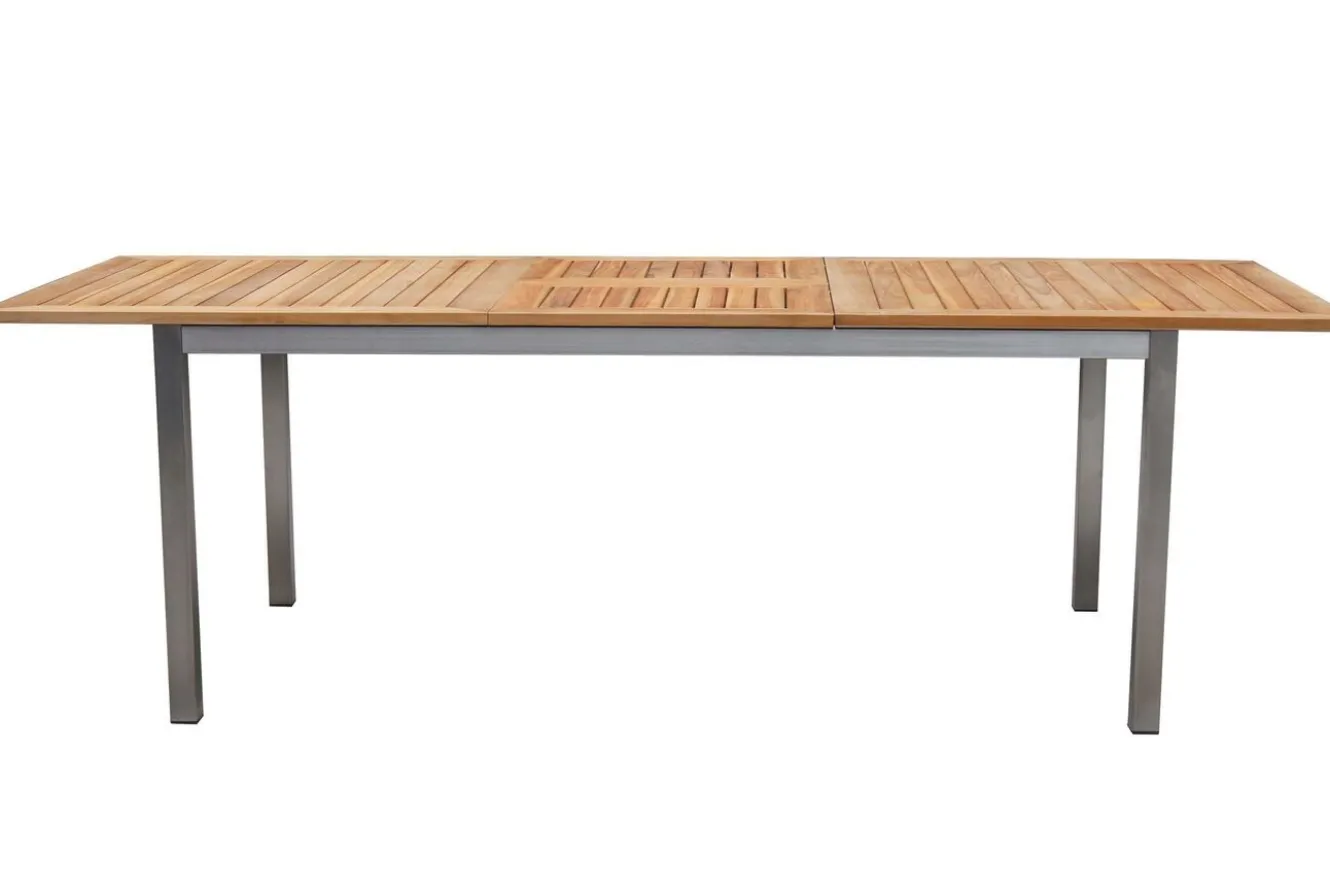 OUTFLEXX Garten-Essgruppe, schwarz, 180/240 x 100 cm, Edelstahl/Teak, Ausziehtisch, 4 Stühle padded, 2 Klappstühle, FSC®-zertifiziertes Produkt