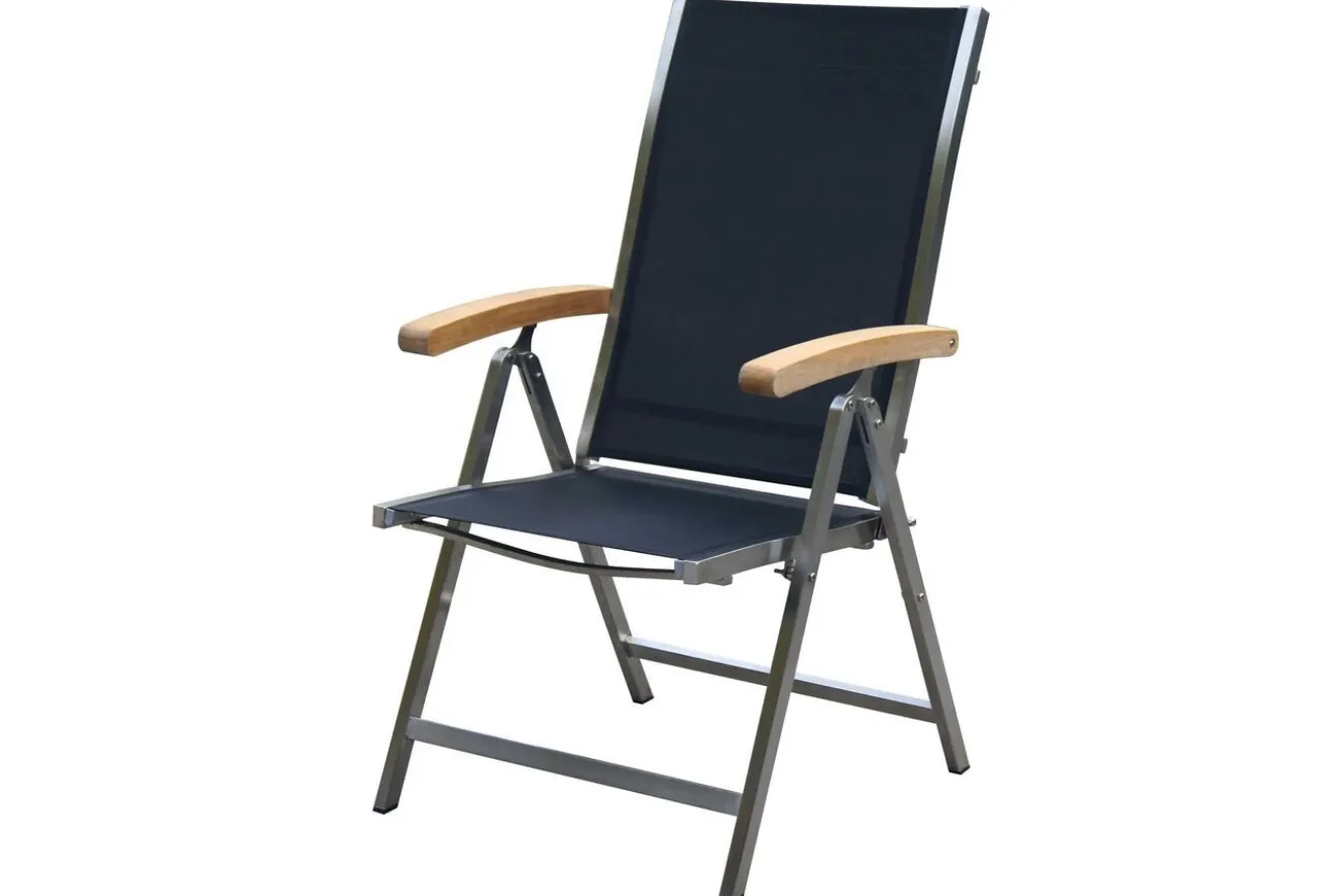 OUTFLEXX Garten-Essgruppe, schwarz, 180/240 x 100 cm, Edelstahl/Teak, Ausziehtisch, 4 Stühle padded, 2 Klappstühle, FSC®-zertifiziertes Produkt