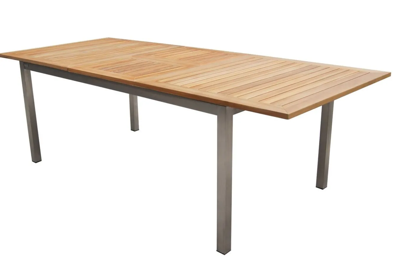 OUTFLEXX Garten-Essgruppe, schwarz, 180/240 x 100 cm, Edelstahl/Teak, Ausziehtisch, 4 Stühle padded, 2 Klappstühle, FSC®-zertifiziertes Produkt
