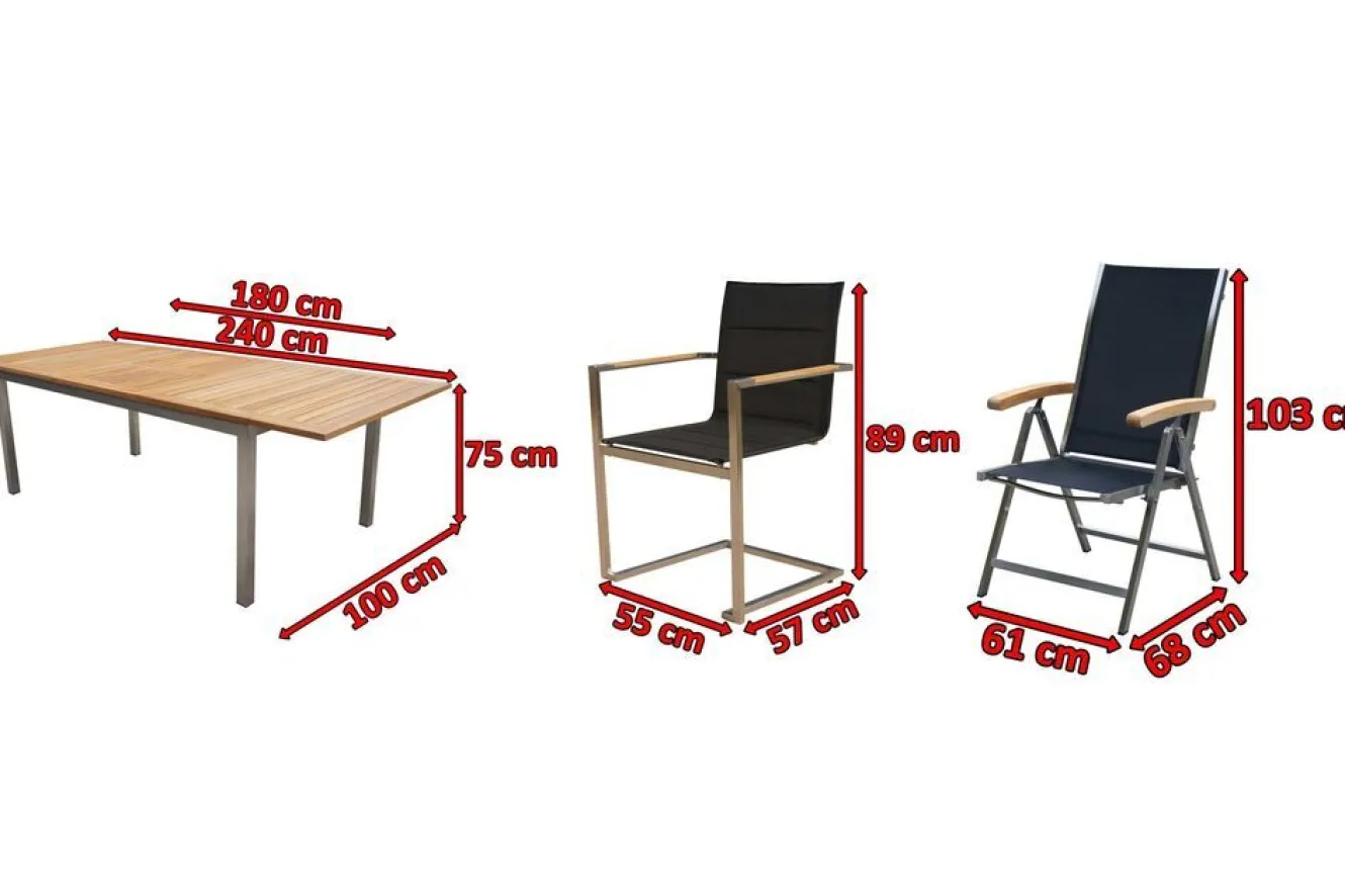 OUTFLEXX Garten-Essgruppe, schwarz, 180/240 x 100 cm, Edelstahl/Teak, Ausziehtisch, 4 Stühle padded, 2 Klappstühle, FSC®-zertifiziertes Produkt