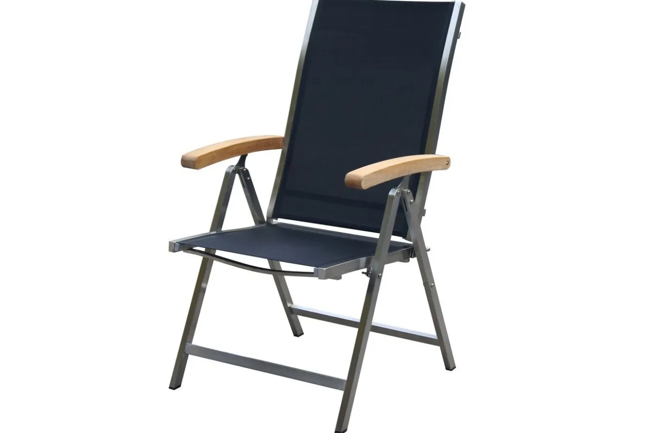 OUTFLEXX Garten-Essgruppe, schwarz, 200/300 x 100 cm, Edelstahl/Teak, Ausziehtisch, 8 Stapelstühle, 2 Klappstühle, FSC®-zertifiziertes Produkt