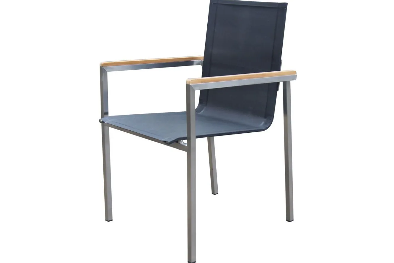 OUTFLEXX Garten-Essgruppe, schwarz, 200/300 x 100 cm, Edelstahl/Teak, Ausziehtisch, 8 Stapelstühle, 2 Klappstühle, FSC®-zertifiziertes Produkt