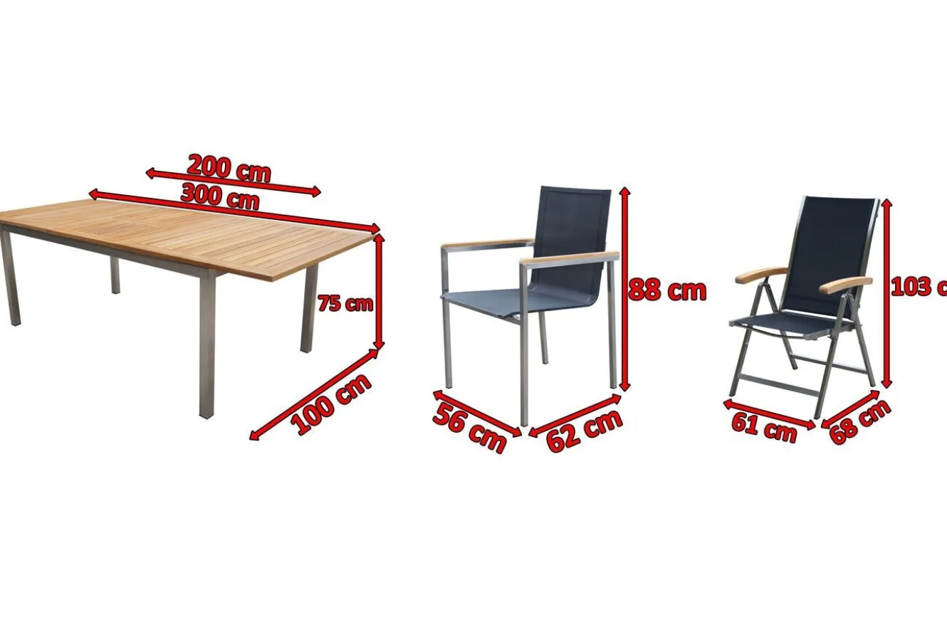 OUTFLEXX Garten-Essgruppe, schwarz, 200/300 x 100 cm, Edelstahl/Teak, Ausziehtisch, 8 Stapelstühle, 2 Klappstühle, FSC®-zertifiziertes Produkt