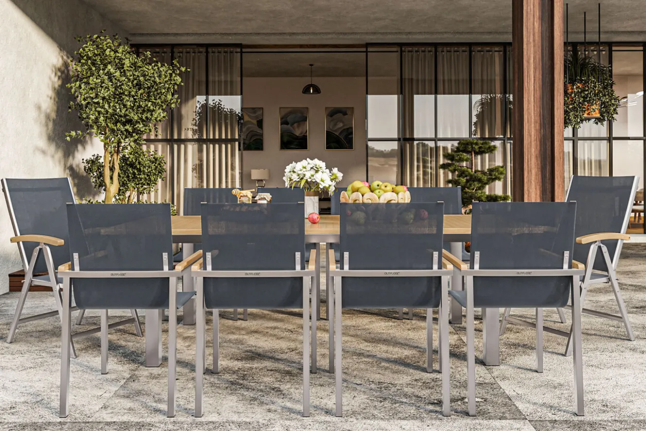 OUTFLEXX Garten-Essgruppe, schwarz, 200/300 x 100 cm, Edelstahl/Teak, Ausziehtisch, 8 Stapelstühle, 2 Klappstühle, FSC®-zertifiziertes Produkt