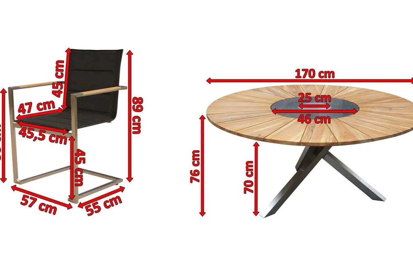 OUTFLEXX Garten-Essgruppe, schwarz, Edelstahl/Teak, Ø 170 cm, 6 Freischwinger, inkl. drehbarer Granitplatte + Eiskühler, FSC®-zertifiziertes Produkt