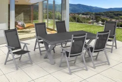 OUTFLEXX Garten-Essgruppe, silber, Alu / Spraystone / Textil, Tisch 180/280x100cm, 6 Klappstühle