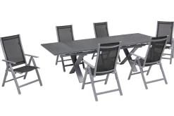 OUTFLEXX Garten-Essgruppe, silber, Alu / Spraystone / Textil, Tisch 180/280x100cm, 6 Klappstühle
