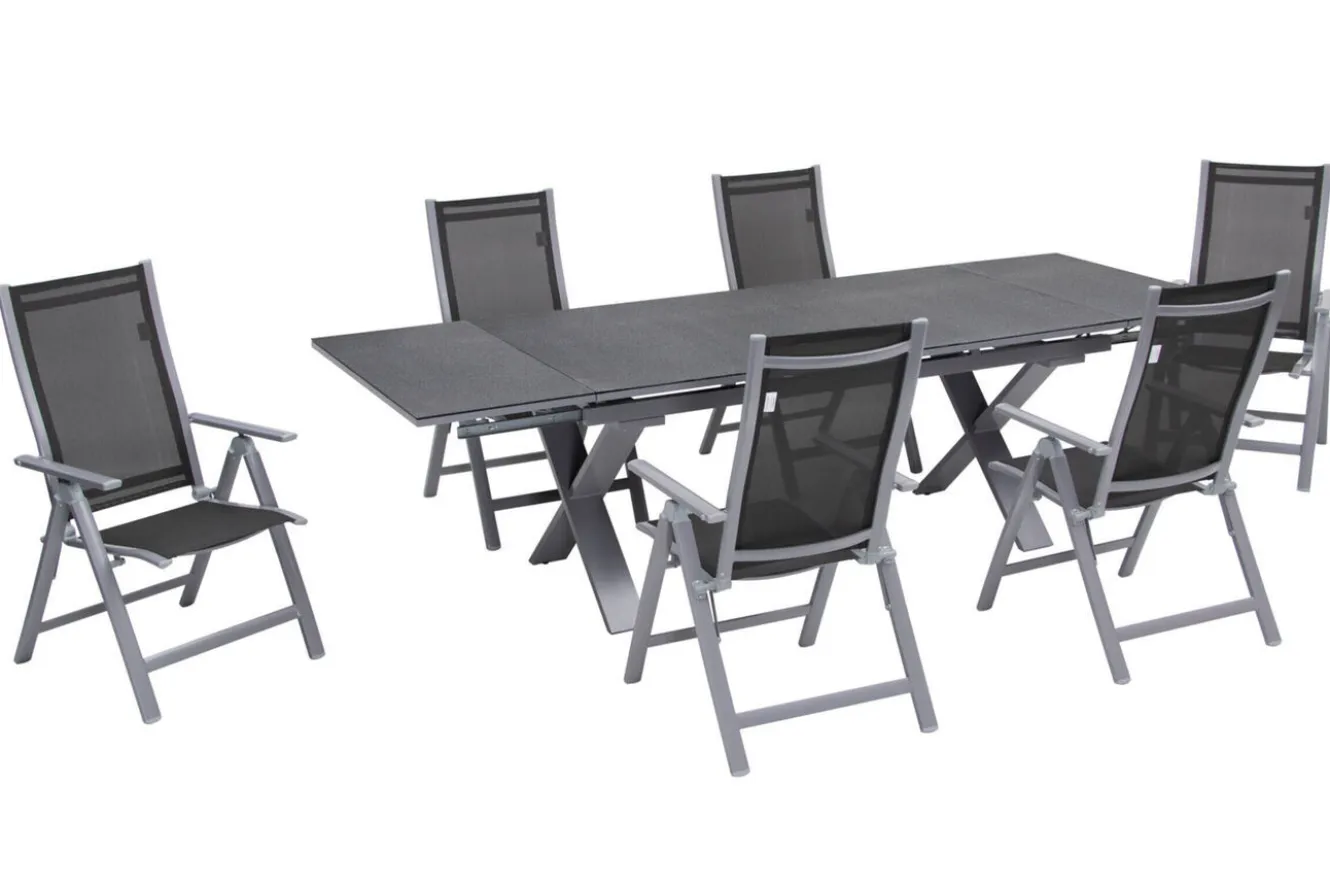 OUTFLEXX Garten-Essgruppe, silber, Alu / Spraystone / Textil, Tisch 180/280x100cm, 6 Klappstühle
