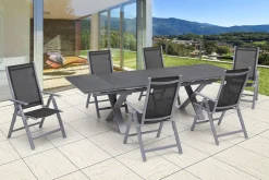 OUTFLEXX Garten-Essgruppe, silber, Alu / Spraystone / Textil, Tisch 180/280x100cm, 6 Klappstühle