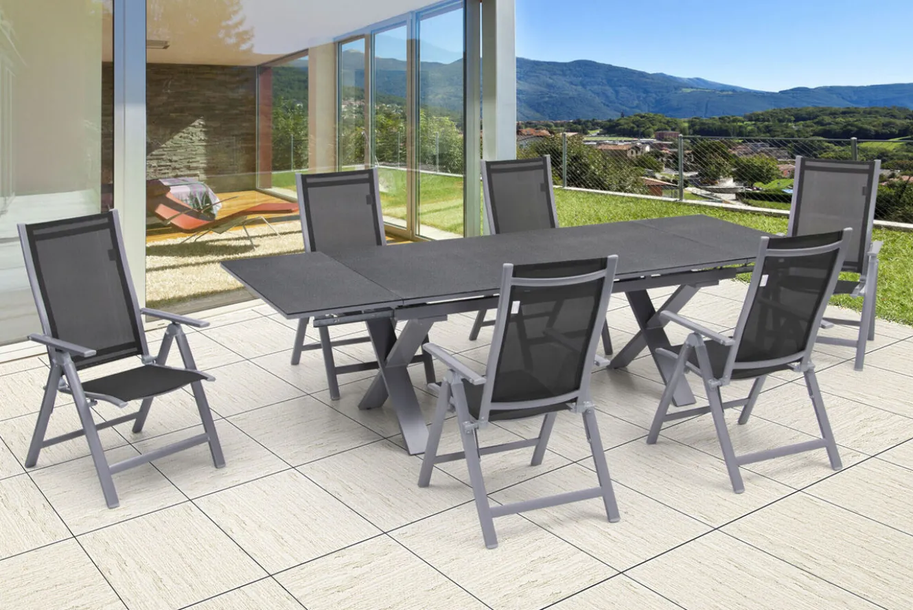 OUTFLEXX Garten-Essgruppe, silber, Alu / Spraystone / Textil, Tisch 180/280x100cm, 6 Klappstühle