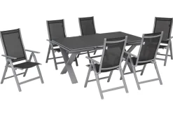 OUTFLEXX Garten-Essgruppe, silber, Alu / Spraystone / Textil, Tisch 180/280x100cm, 6 Klappstühle