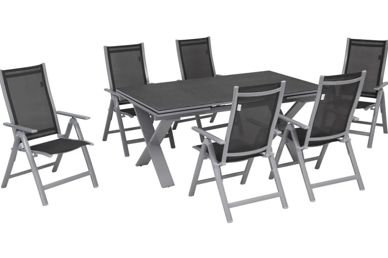 OUTFLEXX Garten-Essgruppe, silber, Alu / Spraystone / Textil, Tisch 180/280x100cm, 6 Klappstühle