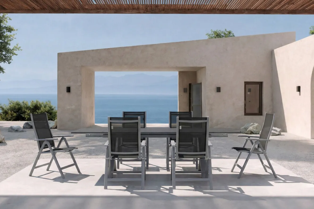 OUTFLEXX Garten-Essgruppe, silber, Alu / Spraystone / Textil, Tisch 180/280x100cm, 6 Klappstühle
