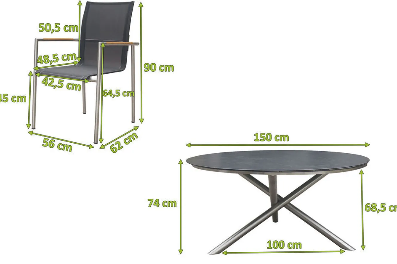OUTFLEXX Garten-Essgruppe, silber/anthrazit, Edelstahl/Glaskeramik/Textilene, Tisch Ø150cm, 5 Personen