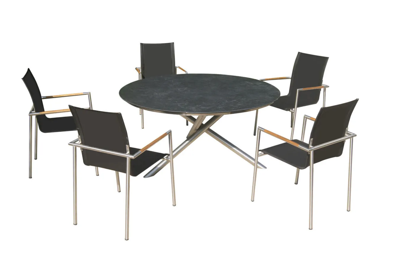 OUTFLEXX Garten-Essgruppe, silber/anthrazit, Edelstahl/Glaskeramik/Textilene, Tisch Ø150cm, 5 Personen
