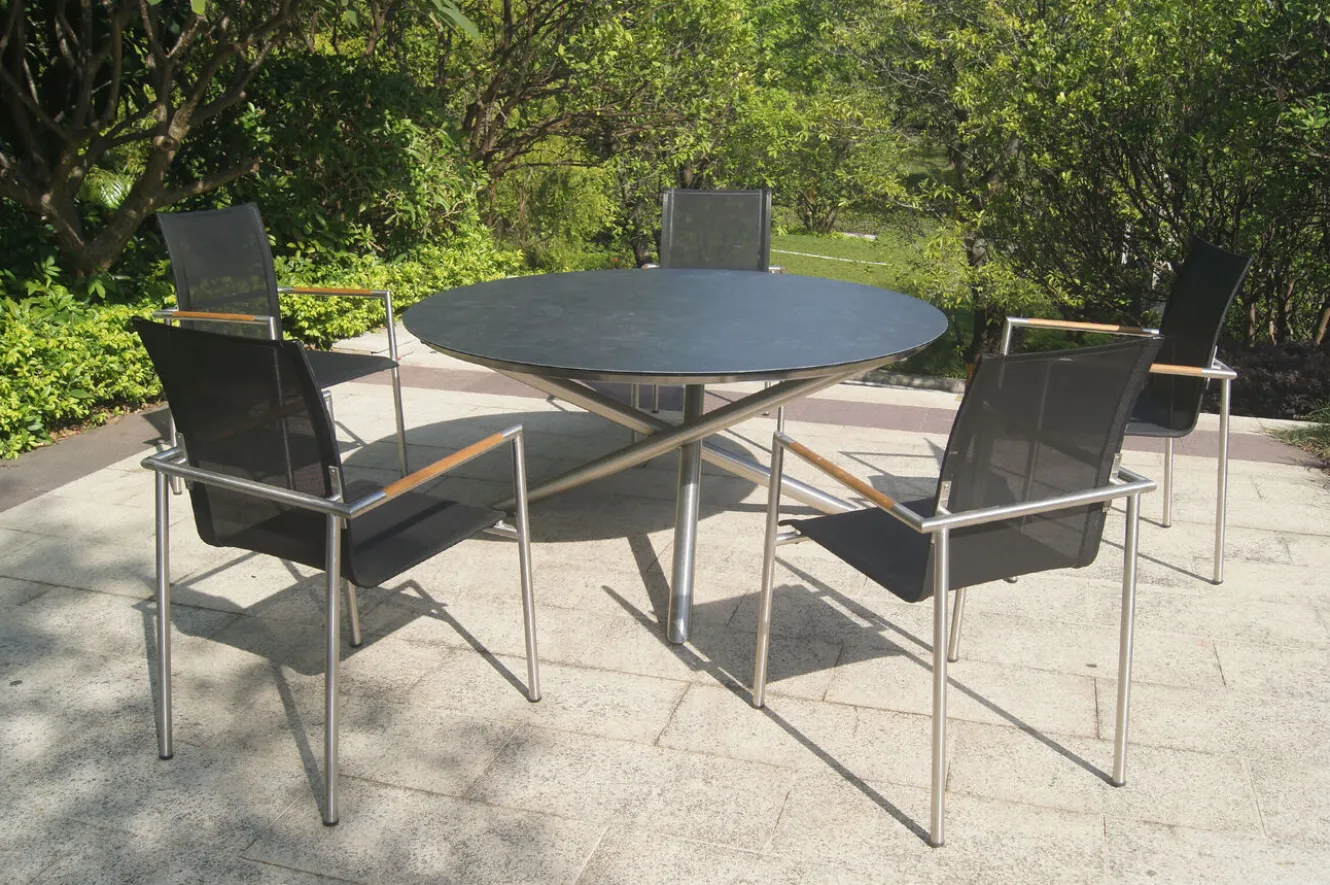 OUTFLEXX Garten-Essgruppe, silber/anthrazit, Edelstahl/Glaskeramik/Textilene, Tisch Ø150cm, 5 Personen