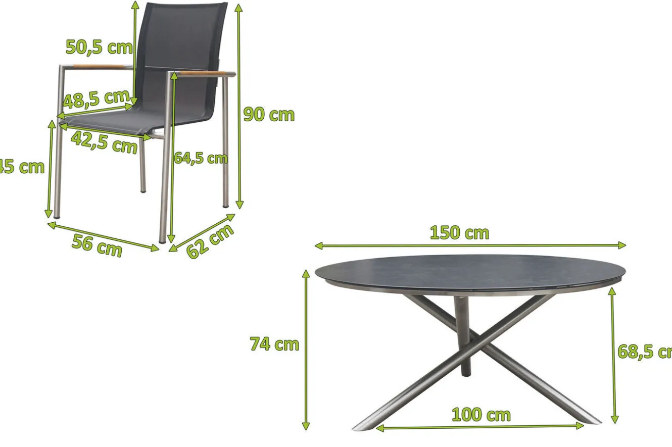 OUTFLEXX Garten-Essgruppe, silber/anthrazit, Edelstahl/Glaskeramik/Textilene, Tisch Ø150cm, 5 Personen