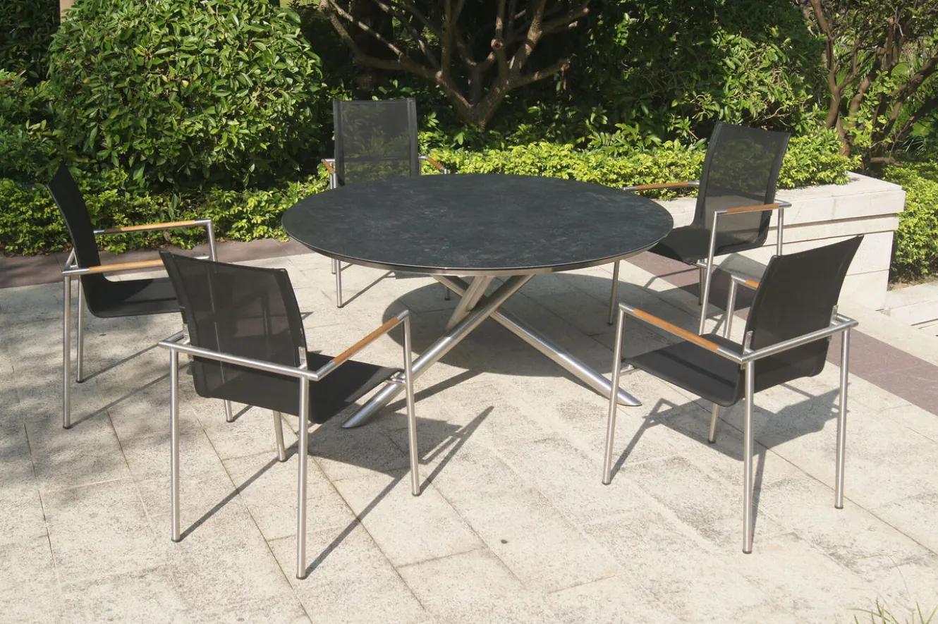 OUTFLEXX Garten-Essgruppe, silber/anthrazit, Edelstahl/Glaskeramik/Textilene, Tisch Ø150cm, 5 Personen