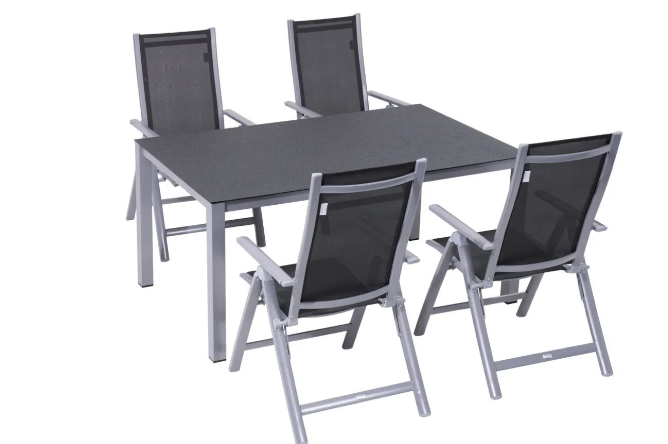 OUTFLEXX Garten-Essgruppe, silber/anthrazit, Alu/Spraystone/Textilen, 160x95 cm, 4 Klappstühle