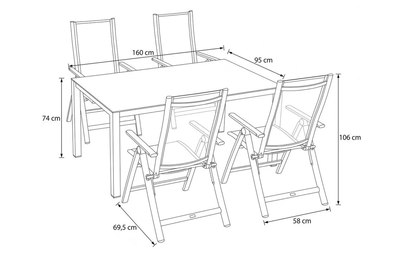 OUTFLEXX Garten-Essgruppe, silber/anthrazit, Alu/Spraystone/Textilen, 160x95 cm, 4 Klappstühle