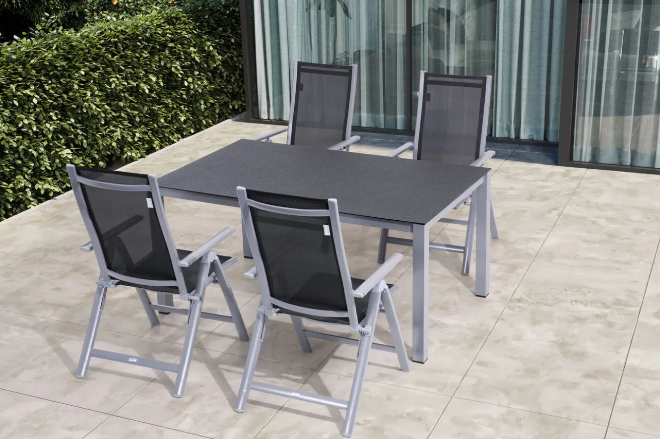 OUTFLEXX Garten-Essgruppe, silber/anthrazit, Alu/Spraystone/Textilen, 160x95 cm, 4 Klappstühle