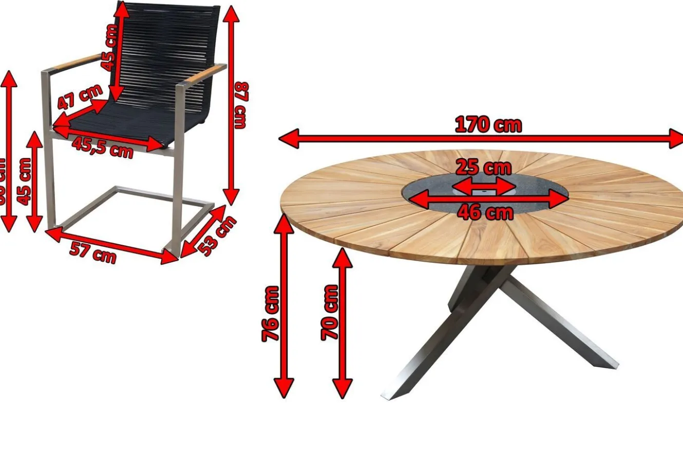 OUTFLEXX Garten-Essgruppe, silber/schwarz, Edelstahl/Teak, Esstisch Ø 170 cm, 6 Freischwinger, FSC®-zertifiziertes Produkt