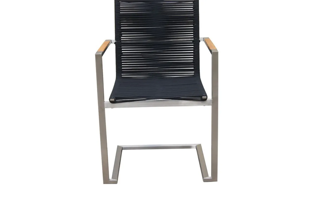 OUTFLEXX Garten-Essgruppe, silber/schwarz, Edelstahl/Teak, Esstisch Ø 170 cm, 6 Freischwinger, FSC®-zertifiziertes Produkt