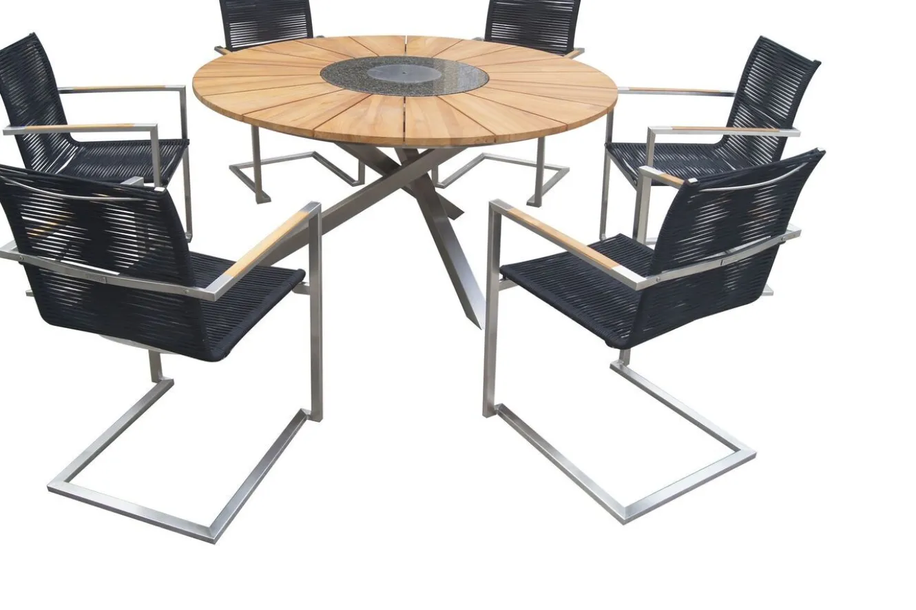 OUTFLEXX Garten-Essgruppe, silber/schwarz, Edelstahl/Teak, Esstisch Ø 170 cm, 6 Freischwinger, FSC®-zertifiziertes Produkt
