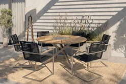 OUTFLEXX Garten-Essgruppe, silber/schwarz, Edelstahl/Teak, Esstisch Ø 170 cm, 6 Freischwinger, FSC®-zertifiziertes Produkt