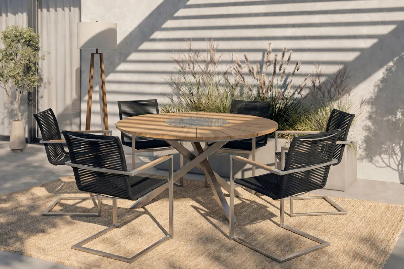 OUTFLEXX Garten-Essgruppe, silber/schwarz, Edelstahl/Teak, Esstisch Ø 170 cm, 6 Freischwinger, FSC®-zertifiziertes Produkt