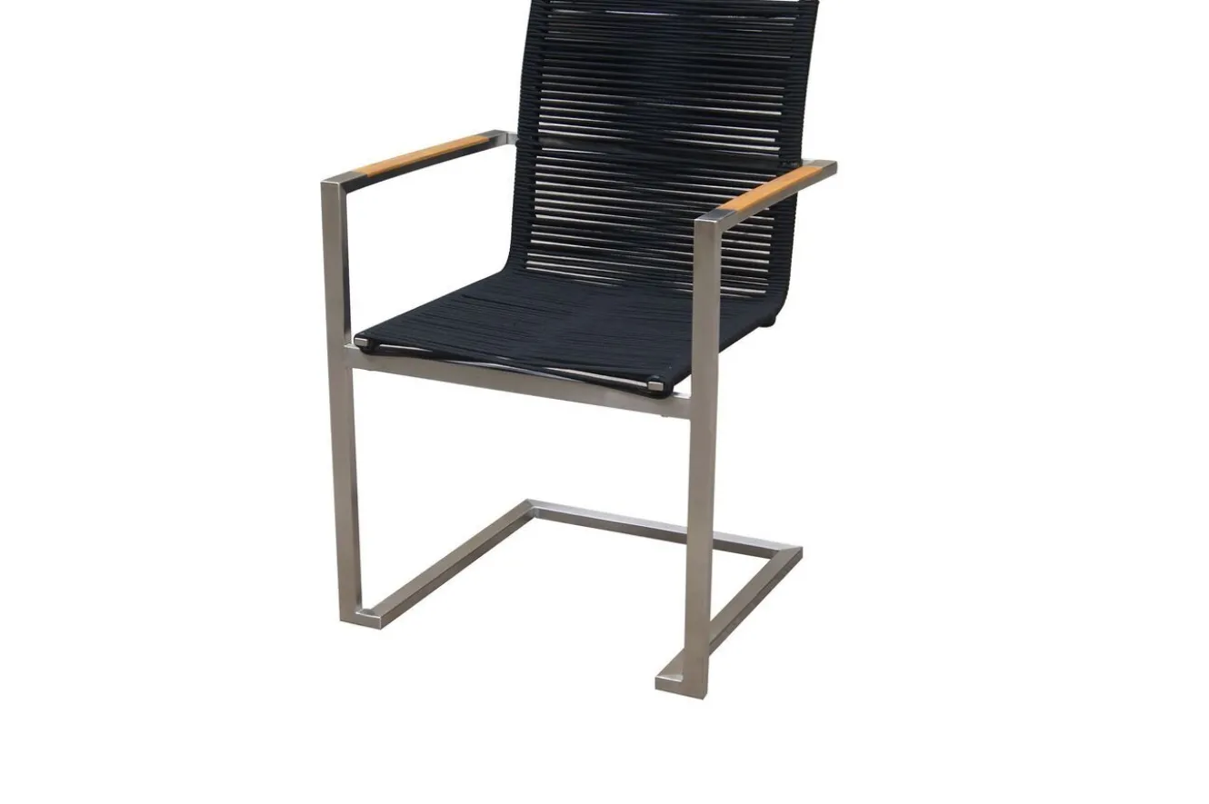OUTFLEXX Garten-Essgruppe, silber/schwarz, Edelstahl/Teak, Esstisch Ø 170 cm, 6 Freischwinger, FSC®-zertifiziertes Produkt