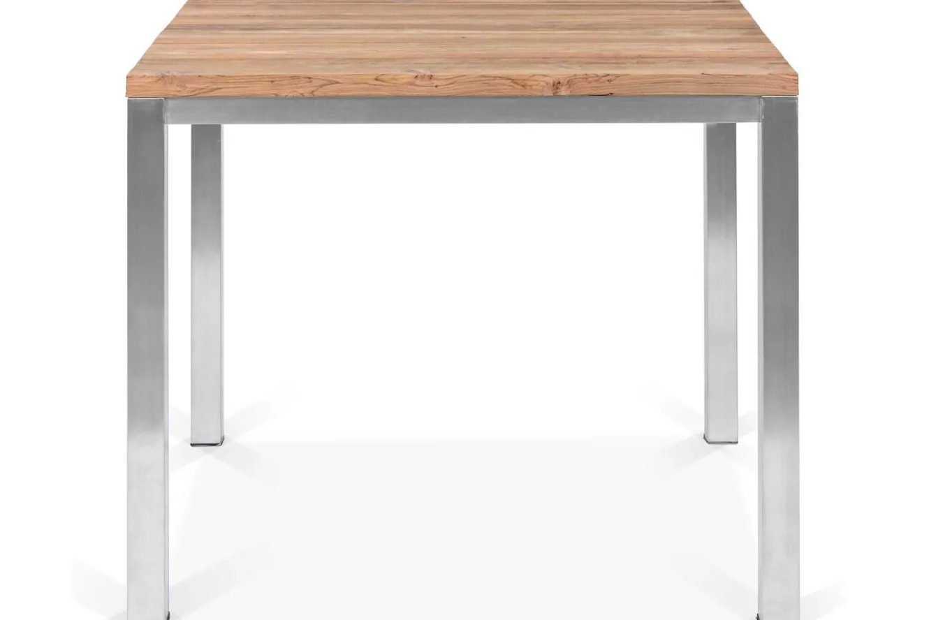 OUTFLEXX Garten-Essgruppe, silber, Edelstahl/recyceltes Teak, Tisch 90 x 90 cm, 4 Stapelsessel, FSC®-zertifiziertes Produkt