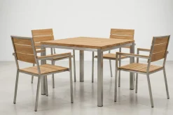 OUTFLEXX Garten-Essgruppe, silber, Edelstahl/recyceltes Teak, Tisch 90 x 90 cm, 4 Stapelsessel, FSC®-zertifiziertes Produkt