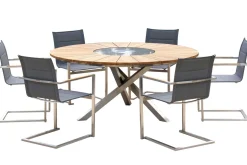 OUTFLEXX Garten-Essgruppe, silber, Edelstahl/Teak, Ø 170 cm, 6 Freischwinger, inkl. drehbarer Granitplatte + Eiskühler, FSC®-zertifiziertes Produkt